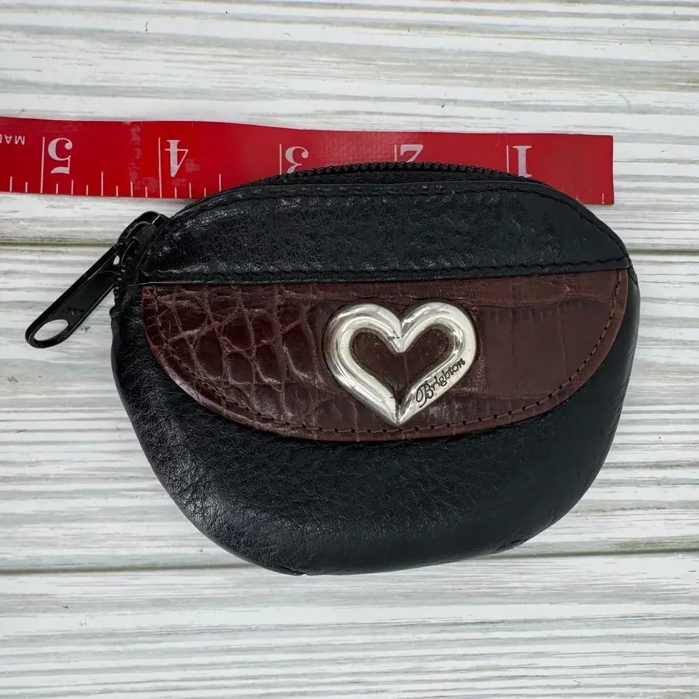 VTG Brighton zip coin change purse black brown croc embossed pebbled leather